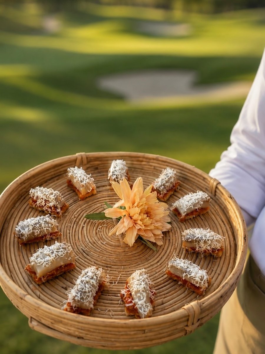 Bandeja de canapés servida sobre el campo, al atardecer